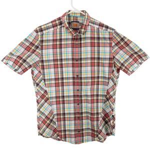 Boss Orange Plaid Men's Medium Button Up Short Sleeve Red White Brown Logo